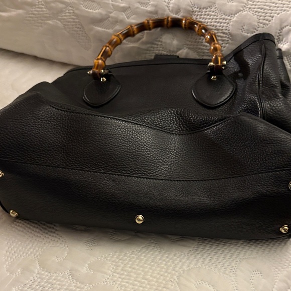 Elegant Black Leather Tote with Bamboo Handles - Picture 5 of 9